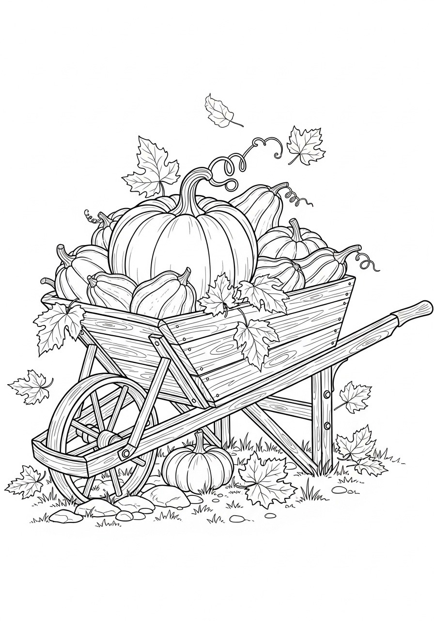 Desenho de Outono com carroça e abóboras para colorir