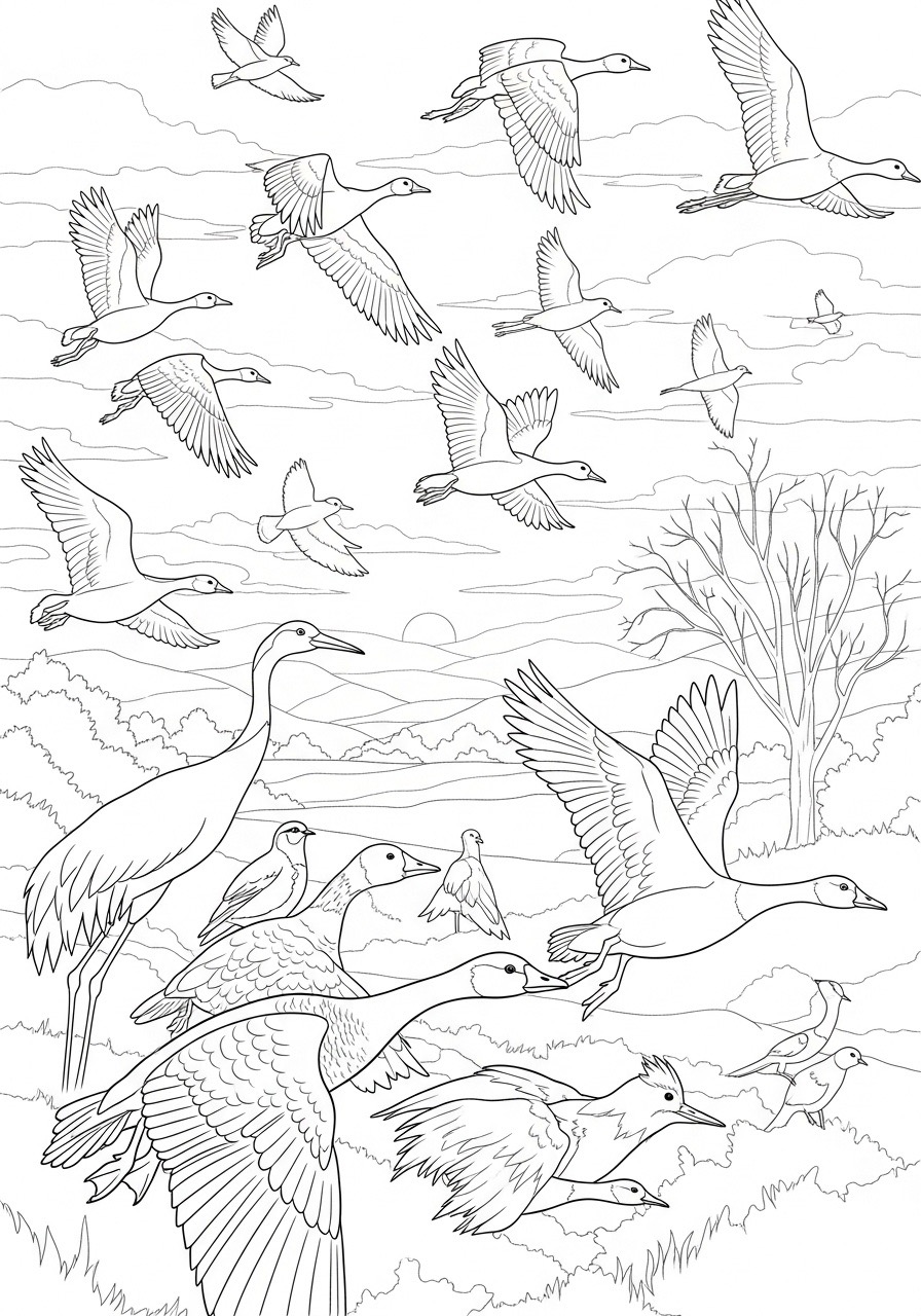 Desenho de Outono com aves voando sobre um lago para colorir