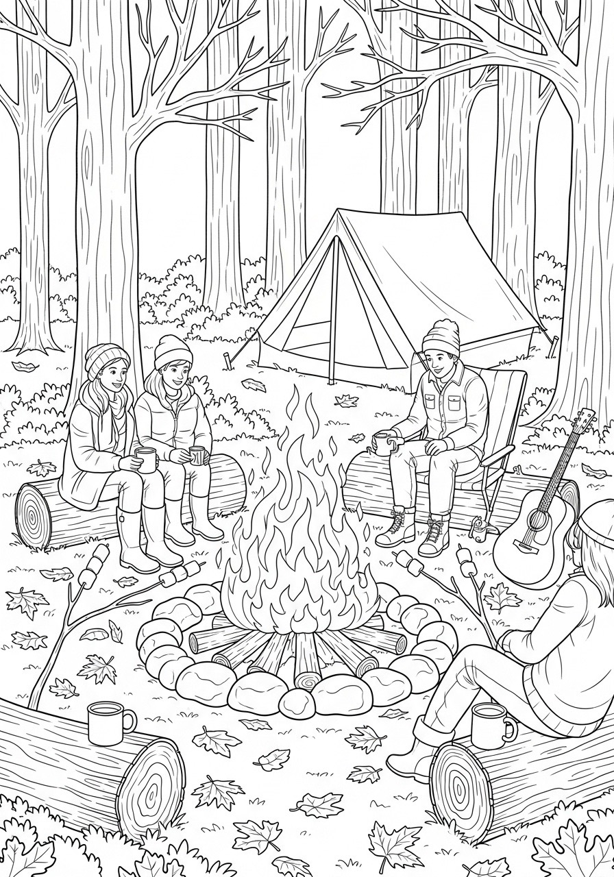 Desenho de Outono com pessoas ao redor da fogueira para colorir