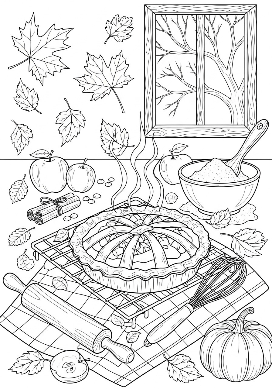 Desenho de Outono com torta e maçãs para colorir