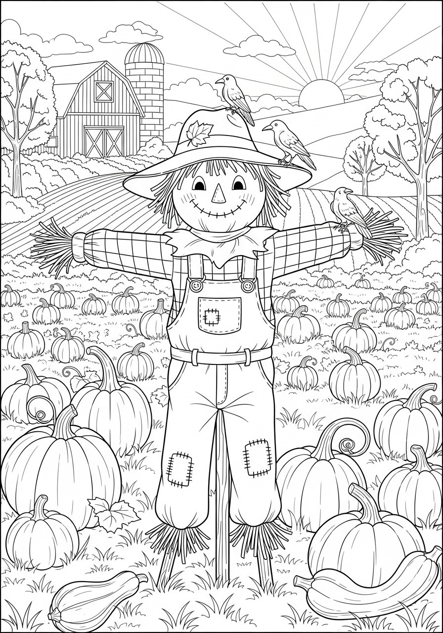 Desenho de Outono com espantalho e abobrinhas para colorir