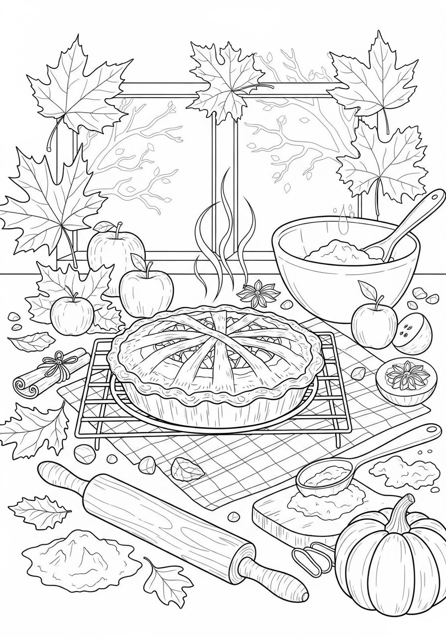 Desenho de Outono com torta e ingredientes para colorir