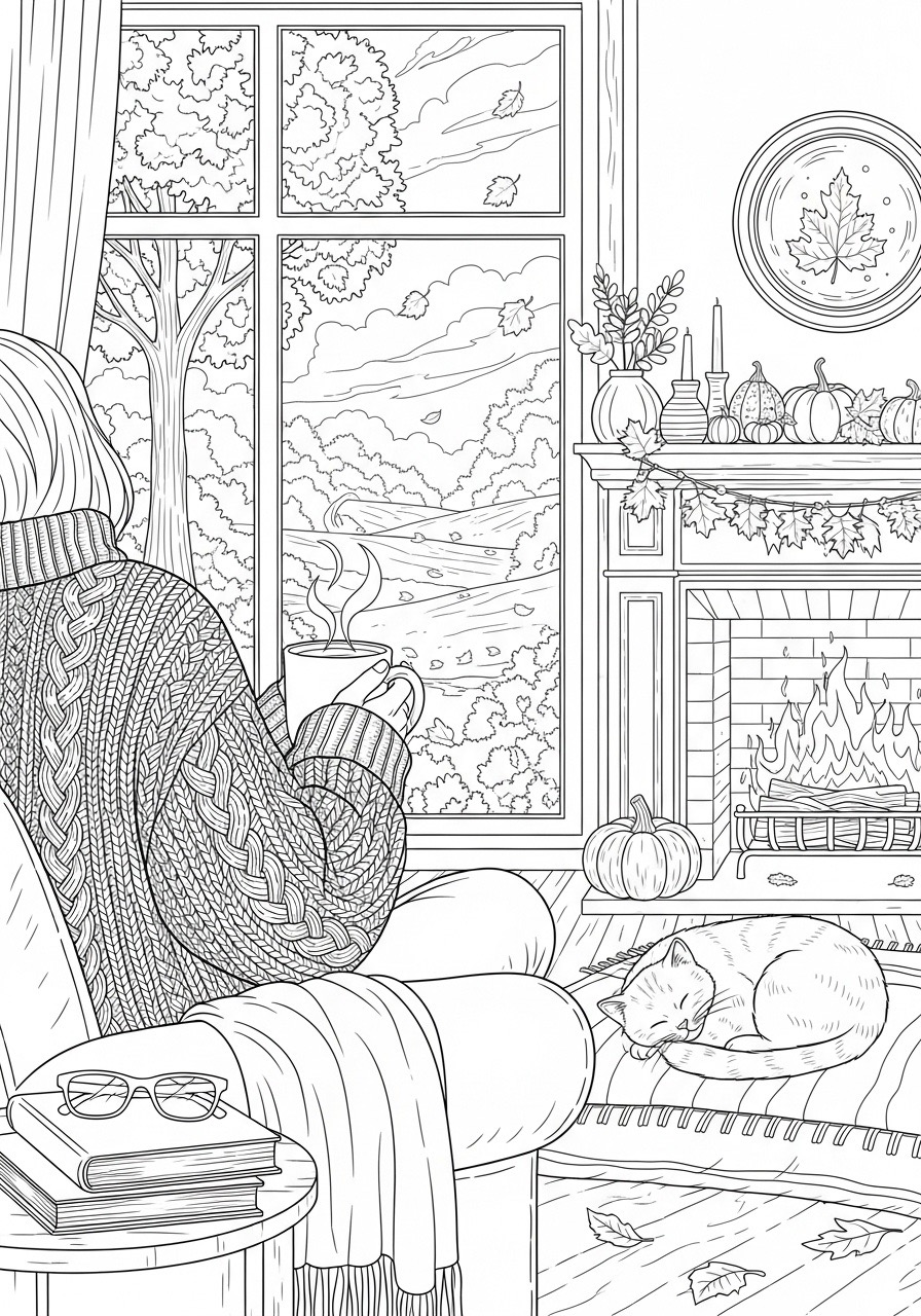 Desenho de Outono com pessoa segurando caneca na sala para colorir