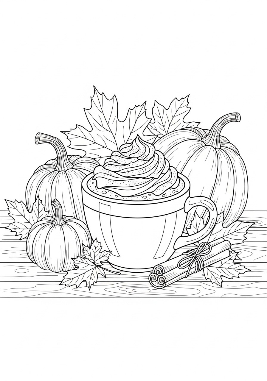 Desenho de Outono com xicara de chocolate quente e aboboras