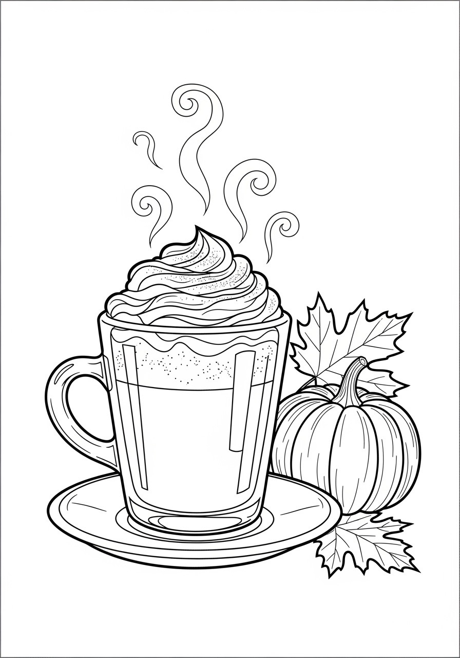 Desenho de Outono com bebida quente e abóbora para colorir