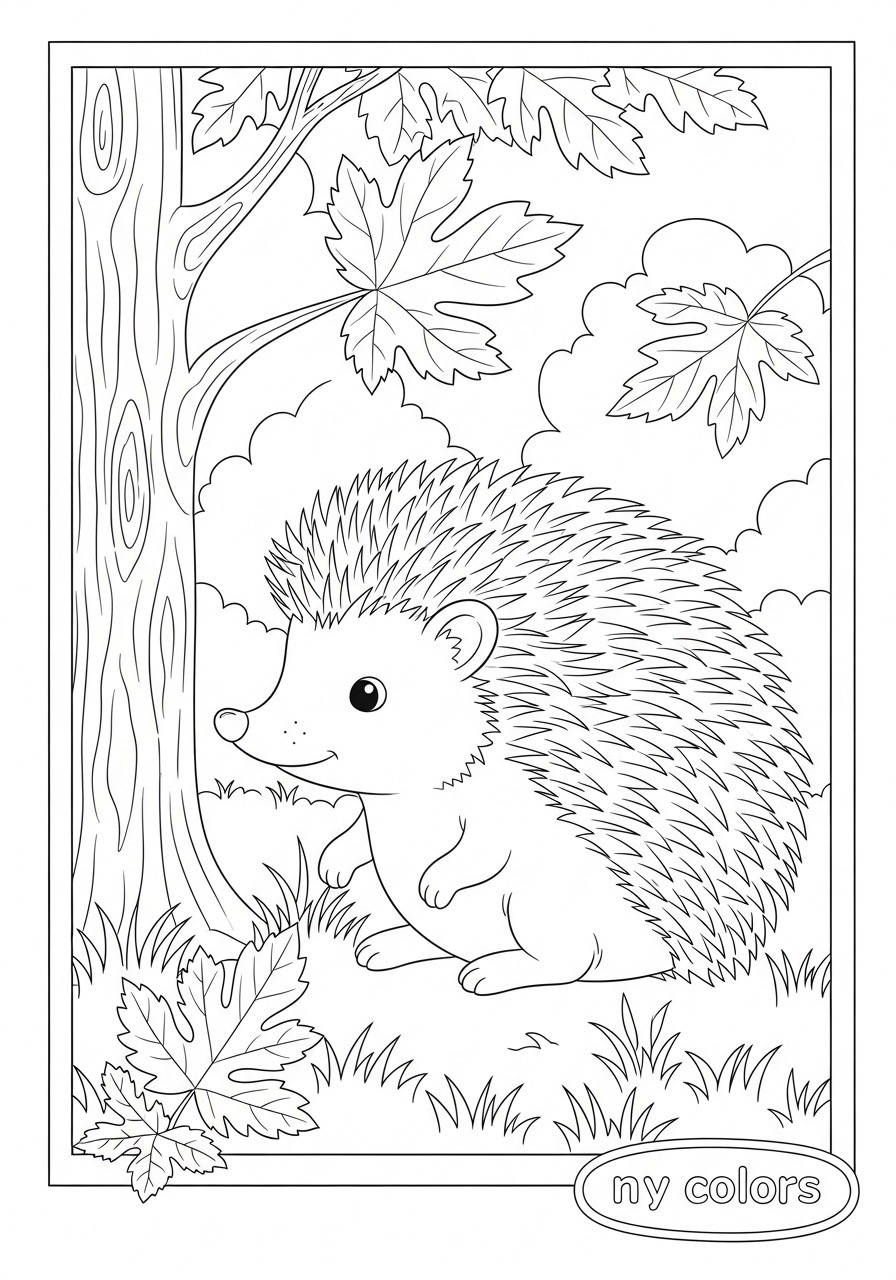 Desenho de um nosso com folhas e árvore para colorir