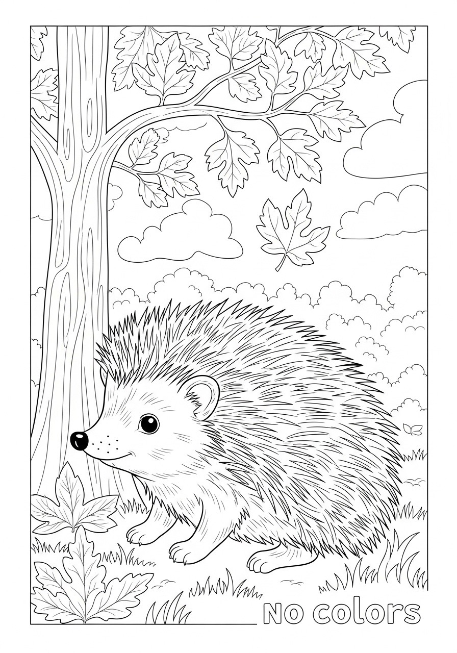 Desenho de um ouriço em um cenário de outono para colorir