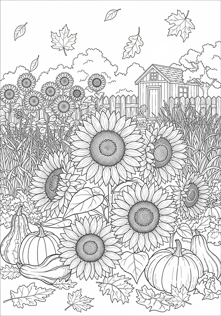 Desenho de Outono com girassóis e abóboras para colorir