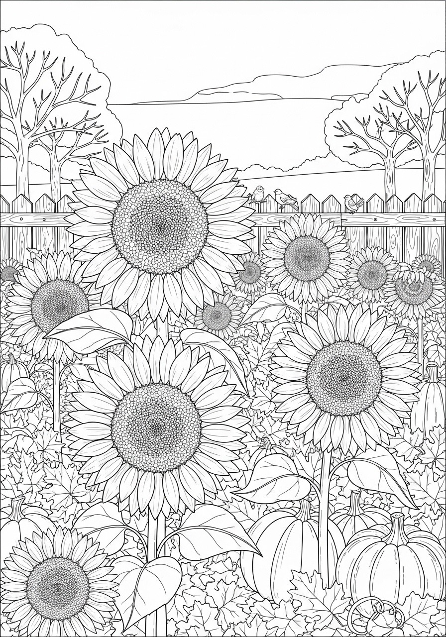 Desenho de Outono com girassóis e abóboras para colorir