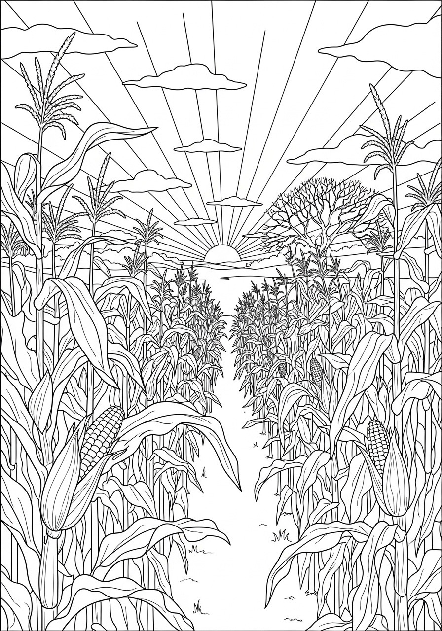 Desenho de Outono com milharal e pôr do sol para colorir