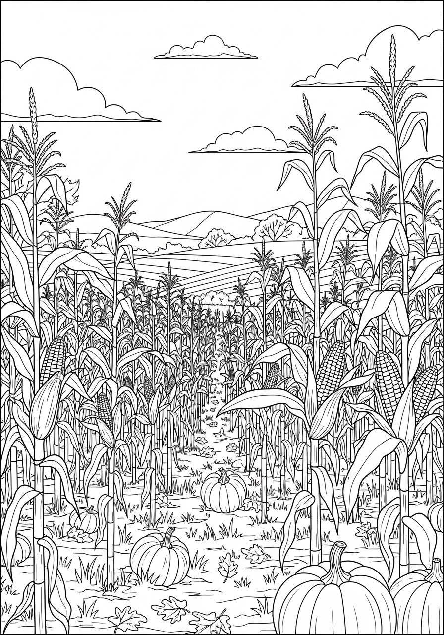 Desenho de Outono com milharal e abóboras para colorir