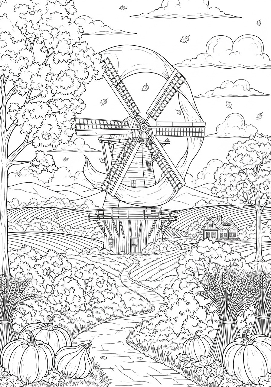 Desenho de Outono com moinho casa e abóboras para colorir