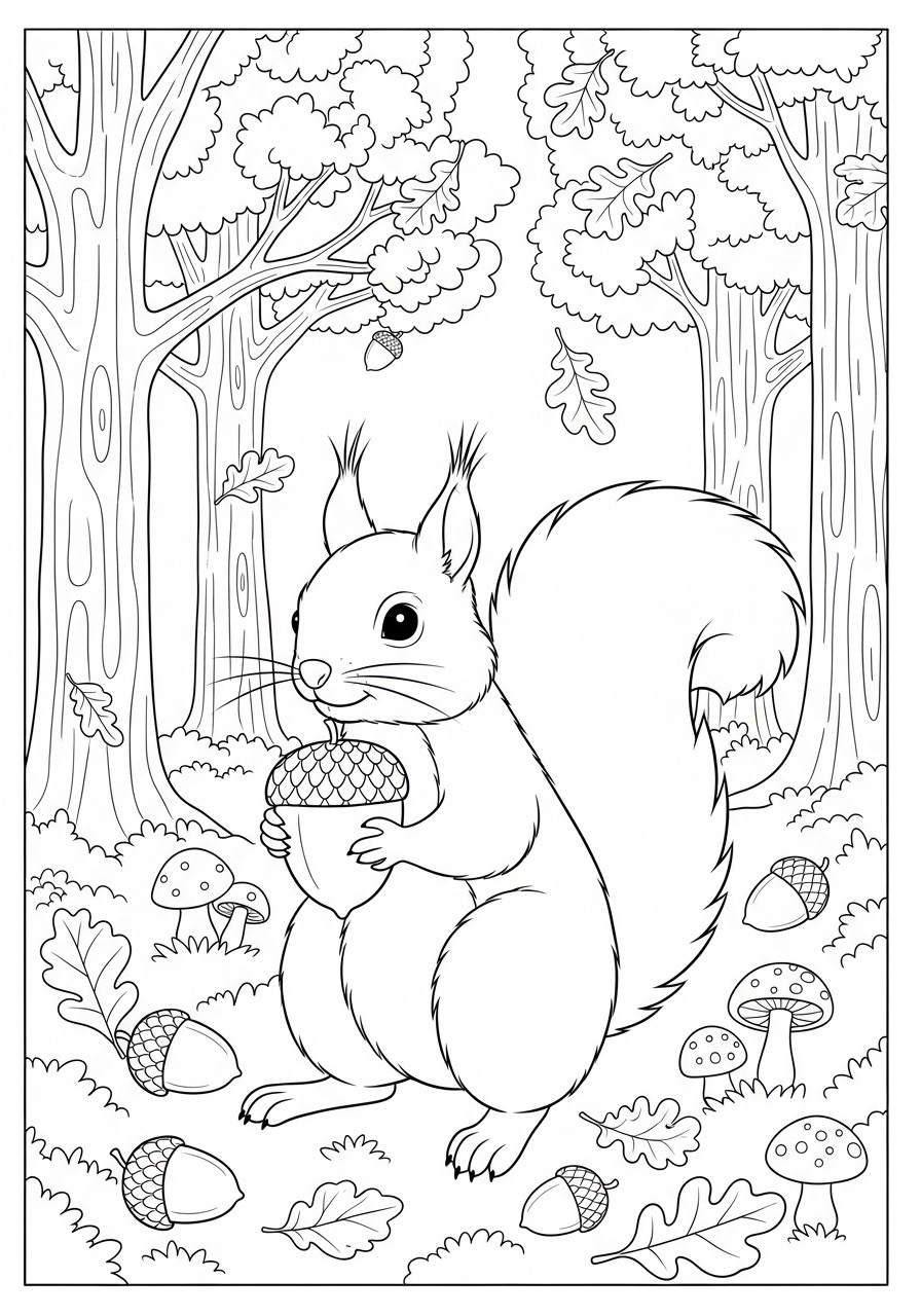 Desenho de esquilo segurando a bolota no bosque para colorir