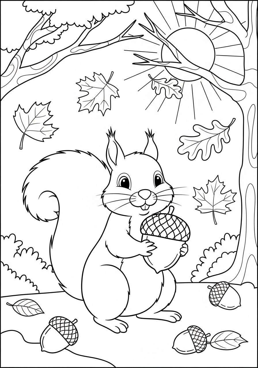 Desenho de Outono com esquilo segurando uma bolota para colorir