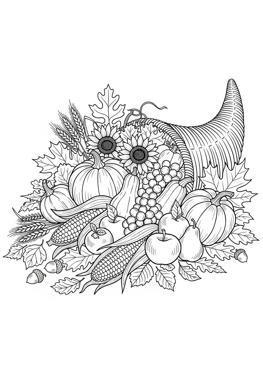 Desenho de Outono com chifre da abundância e alimentos