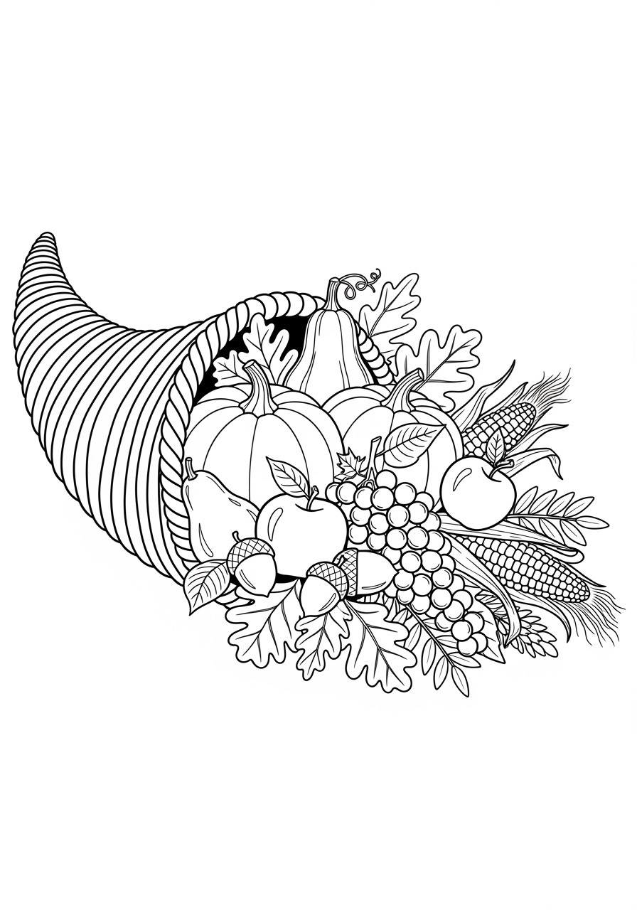 Desenho de Outono com cornucópia cheia de frutas e folhas