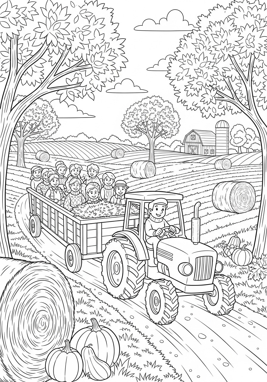 Desenho de Outono com trator e crianças em um campo