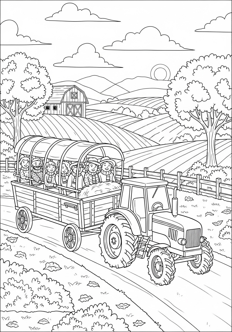 Desenho de Outono com um trator e passageiros em carroça