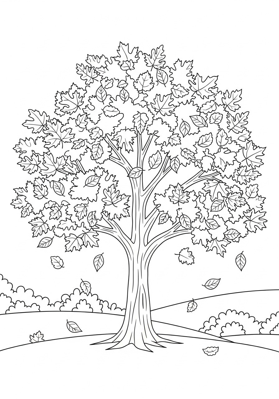 Desenho de Outono com árvore e folhas caindo para colorir