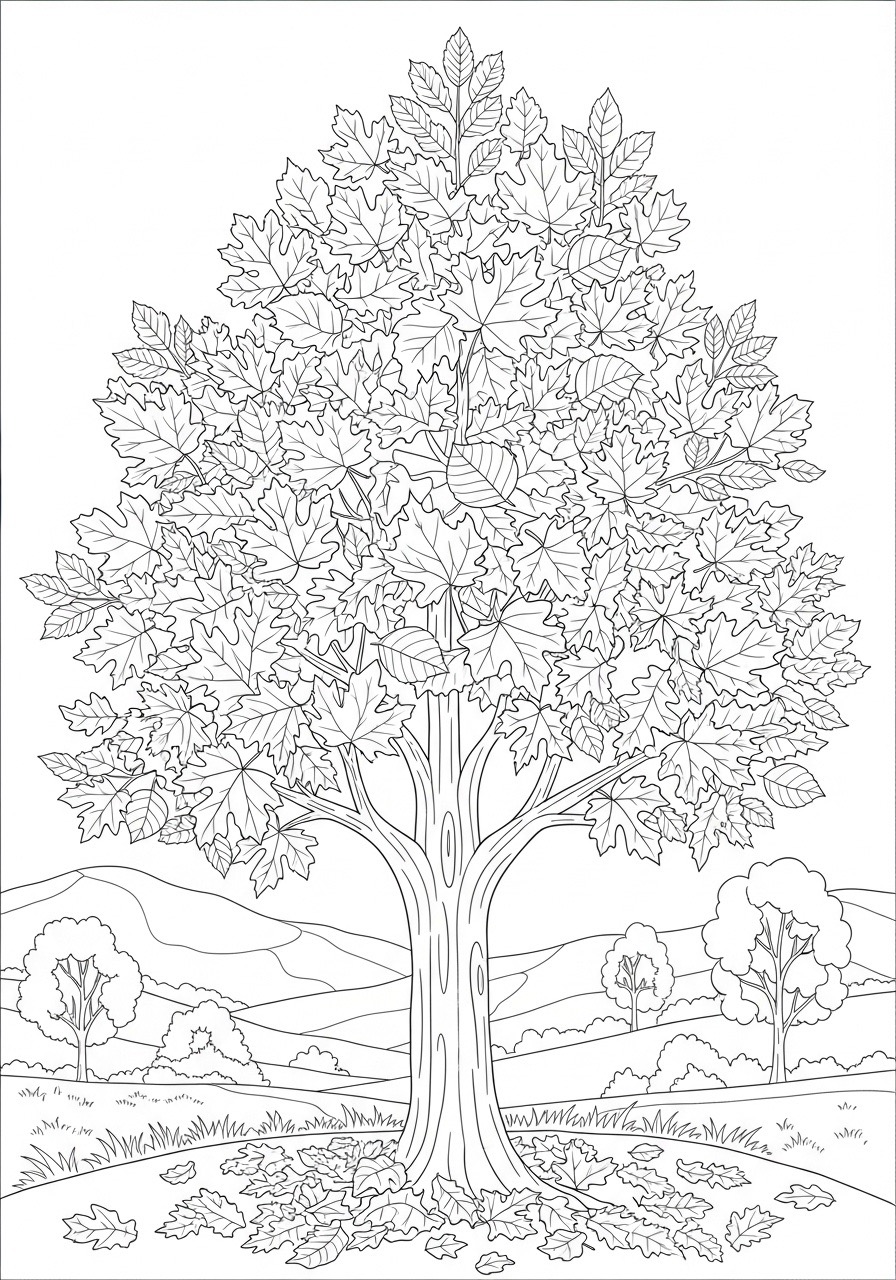 Desenho de Outono de uma árvore cheia de folhas para colorir