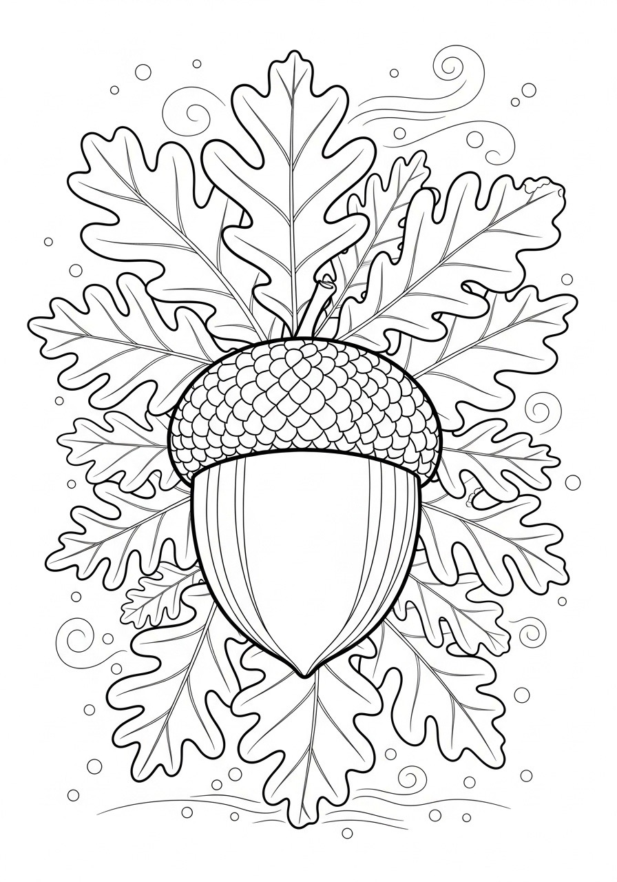 Desenho de Outono com bolota e folhas grandes para colorir