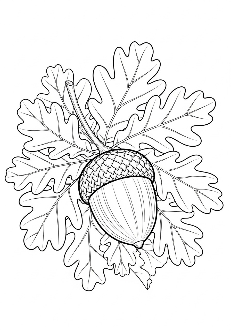 Desenho de Outono com bolota e folhas de carvalho para colorir