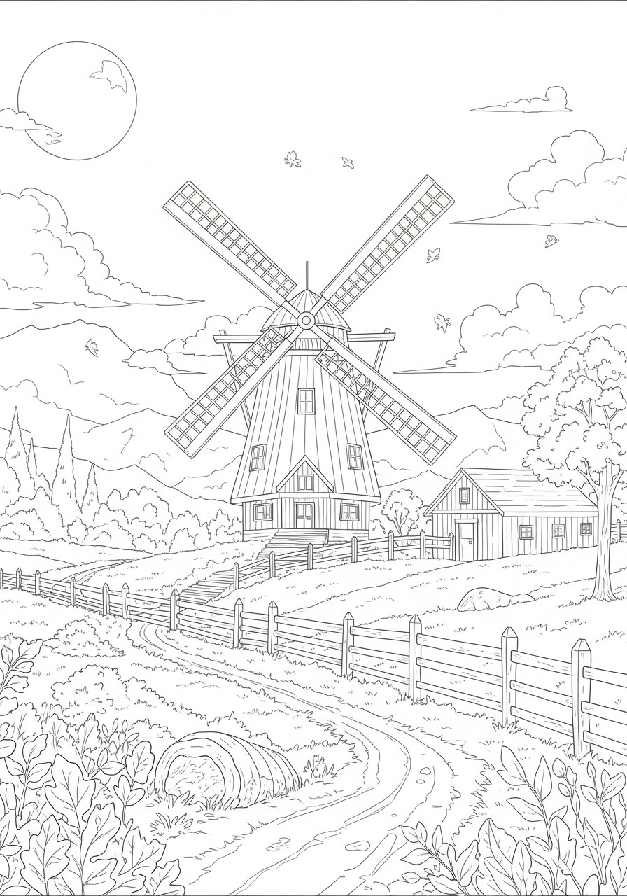 Desenho de Outono com moinho e paisagem rural para colorir