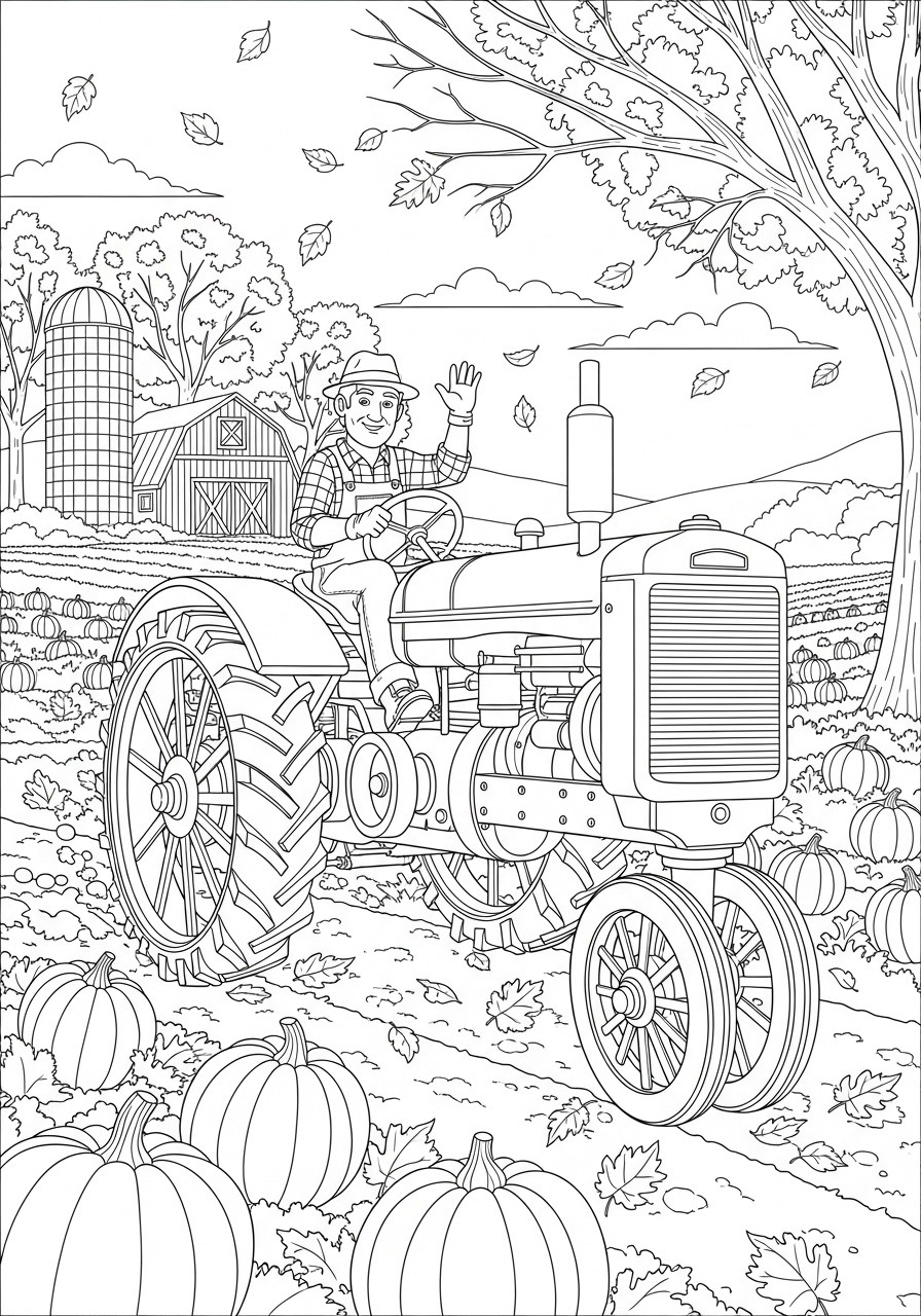 Desenho de Outono com trator e abóboras para colorir