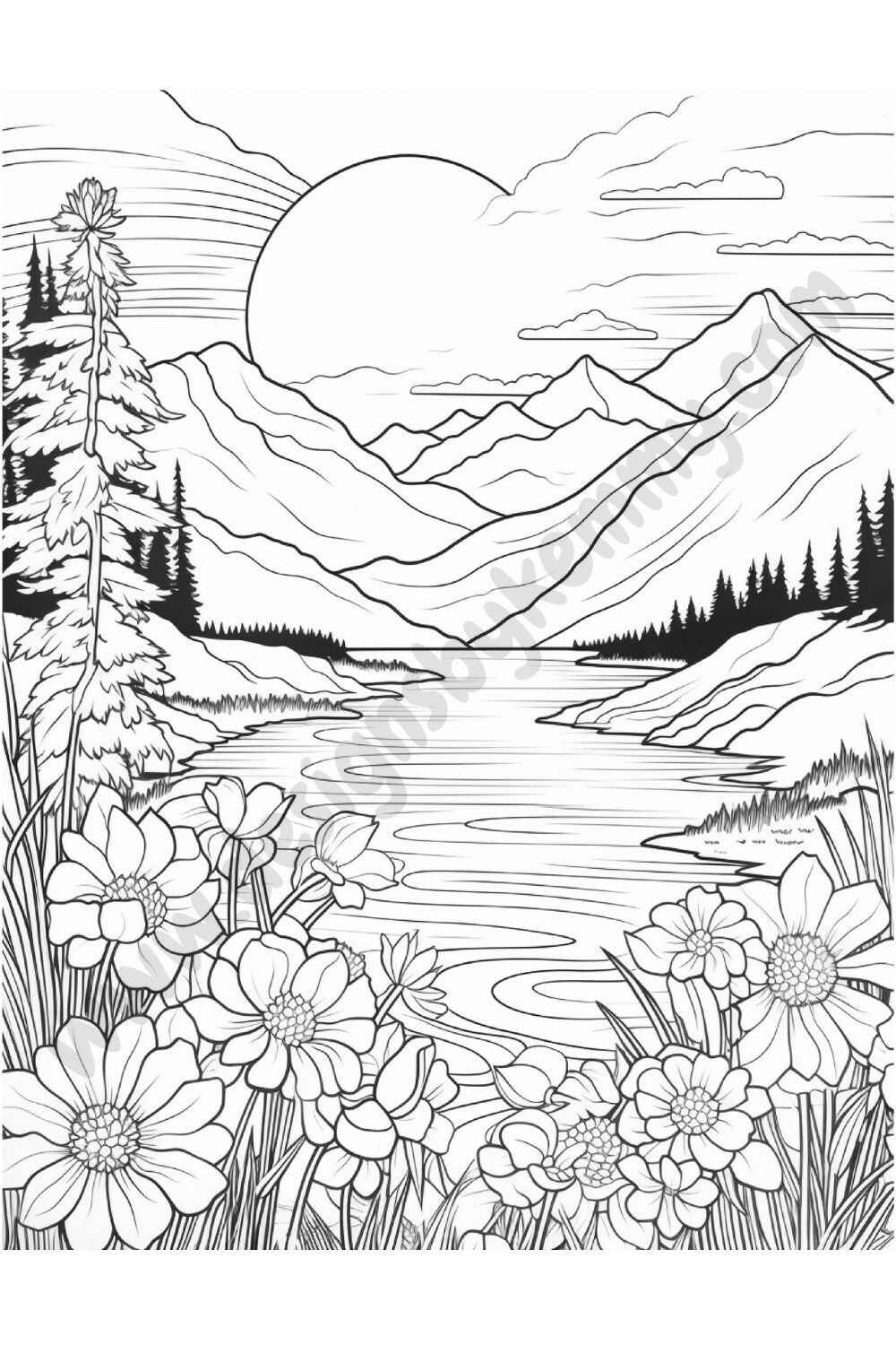 Desenho de Paisagem com montanhas e flores para colorir