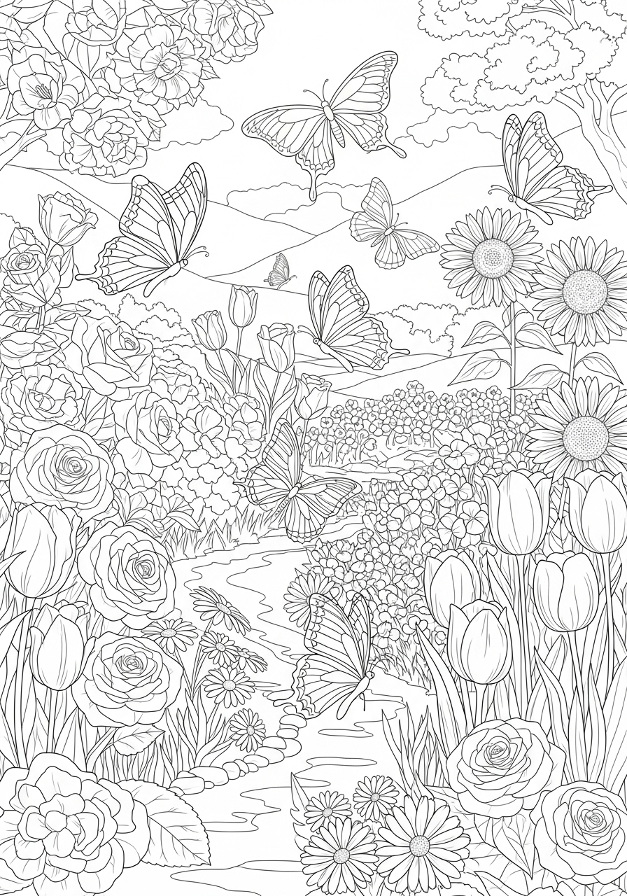 Desenho de Paisagem com flores e borboletas para colorir