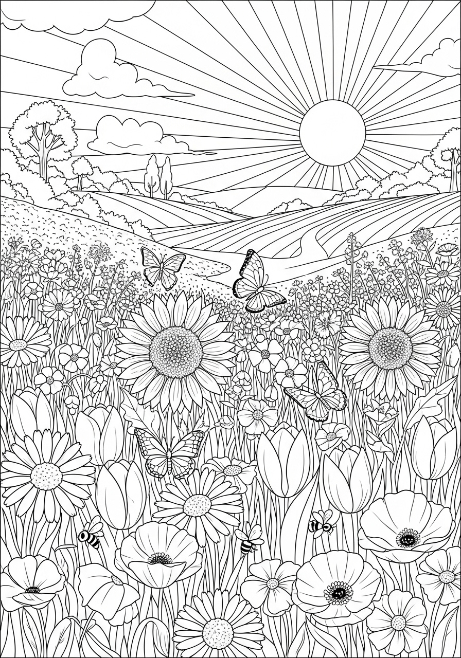 Desenho de Paisagem flores e campo ensolarado para colorir