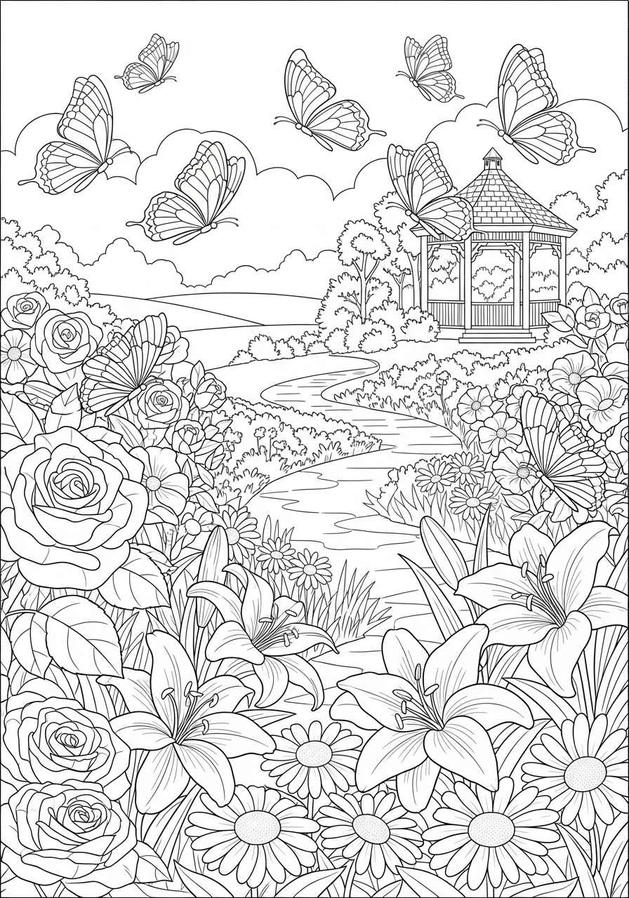 Desenho de Paisagem com flores e borboletas para colorir