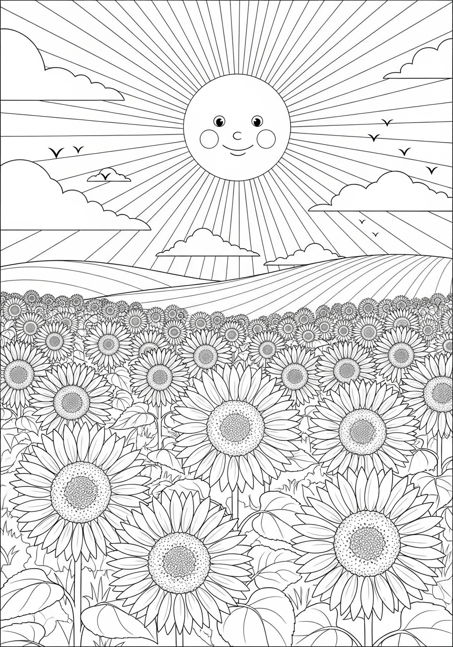 Desenho de Paisagem com campo de girassóis para colorir