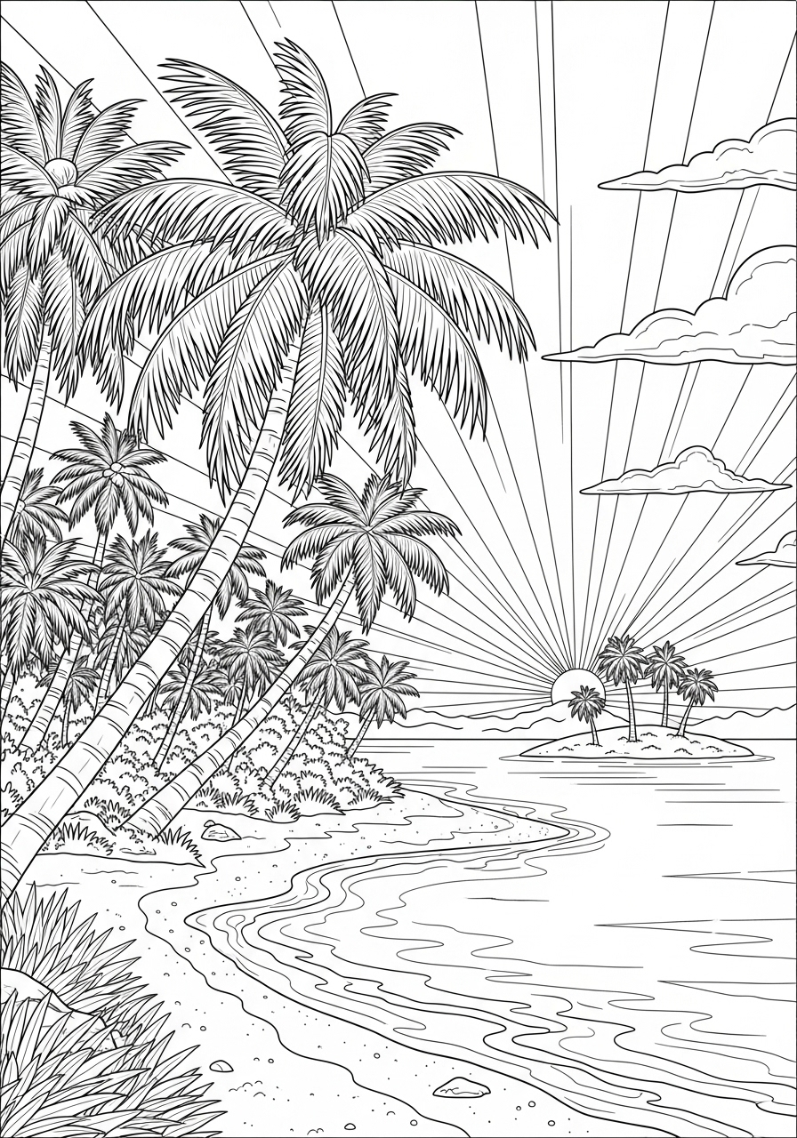 Desenho de Paisagem tropical com praia para colorir