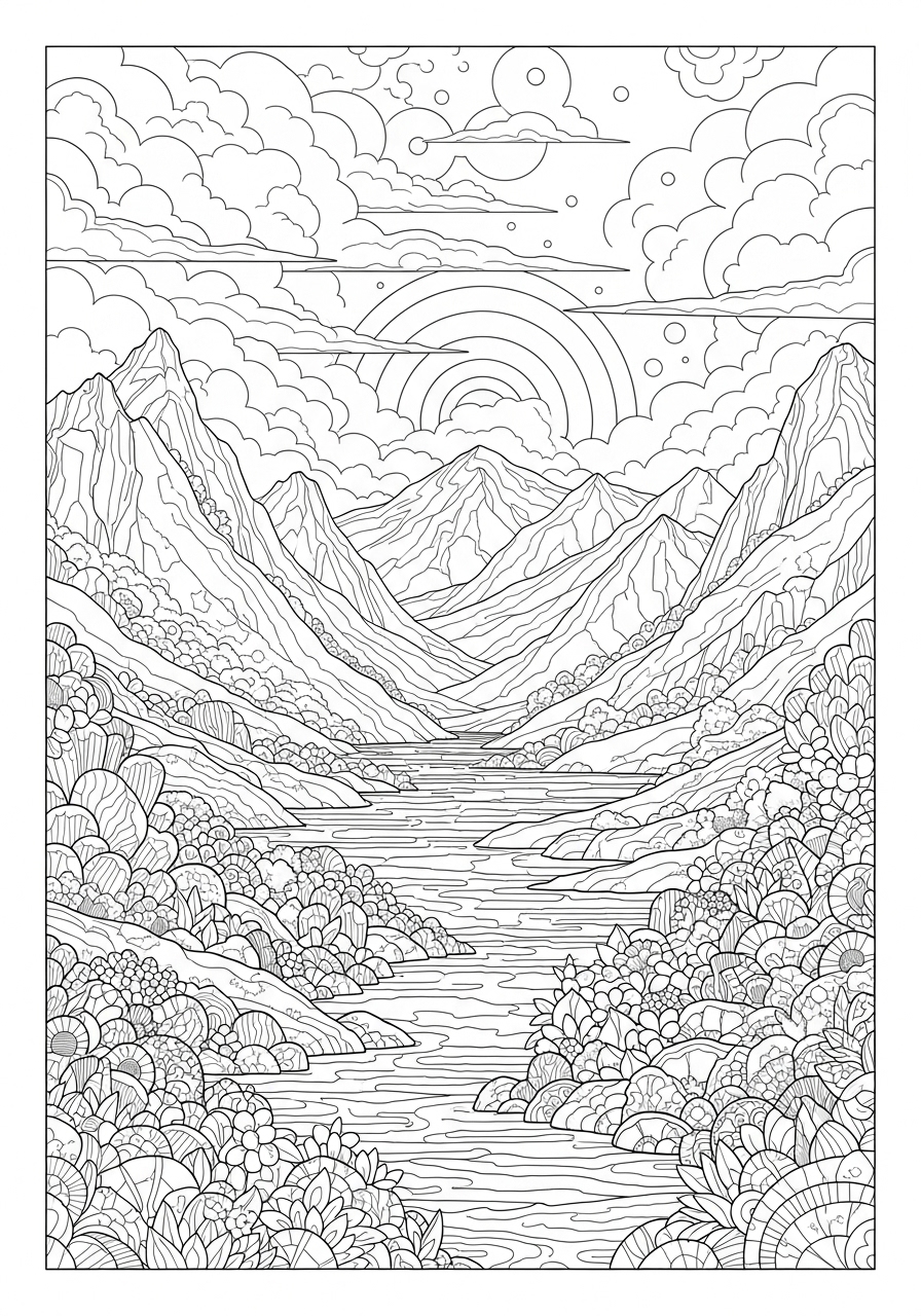Desenho de Paisagem com montanhas e rio para colorir
