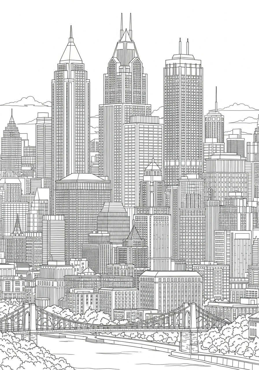Desenho de Paisagem urbana com arranha-céus para colorir