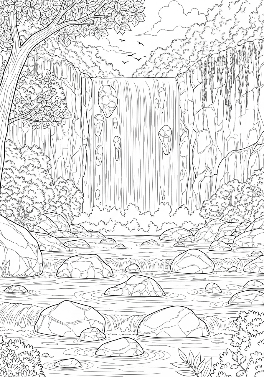 Desenho de Paisagem com cachoeira e pedras para colorir