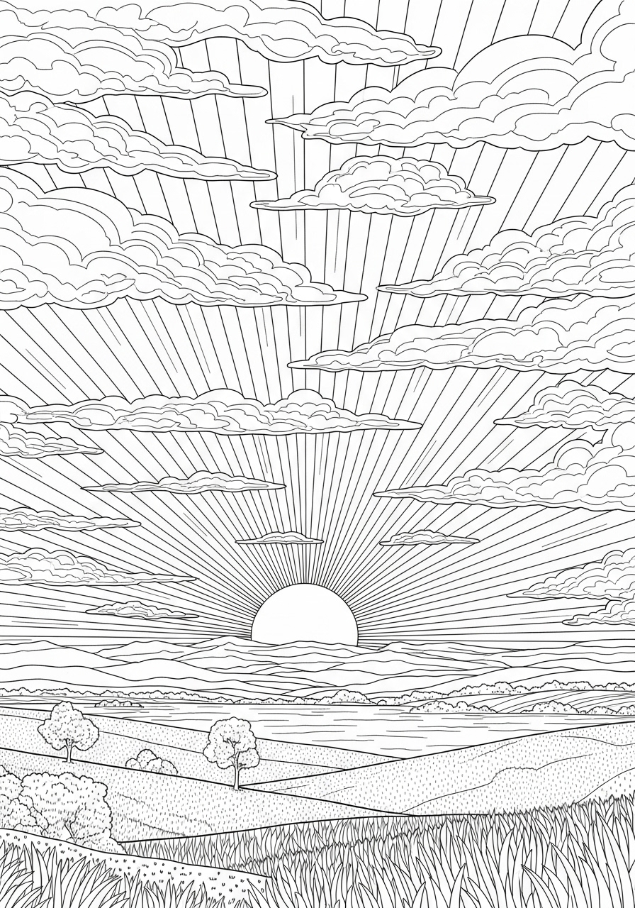 Desenho de Paisagem com campo e nascer do sol para colorir