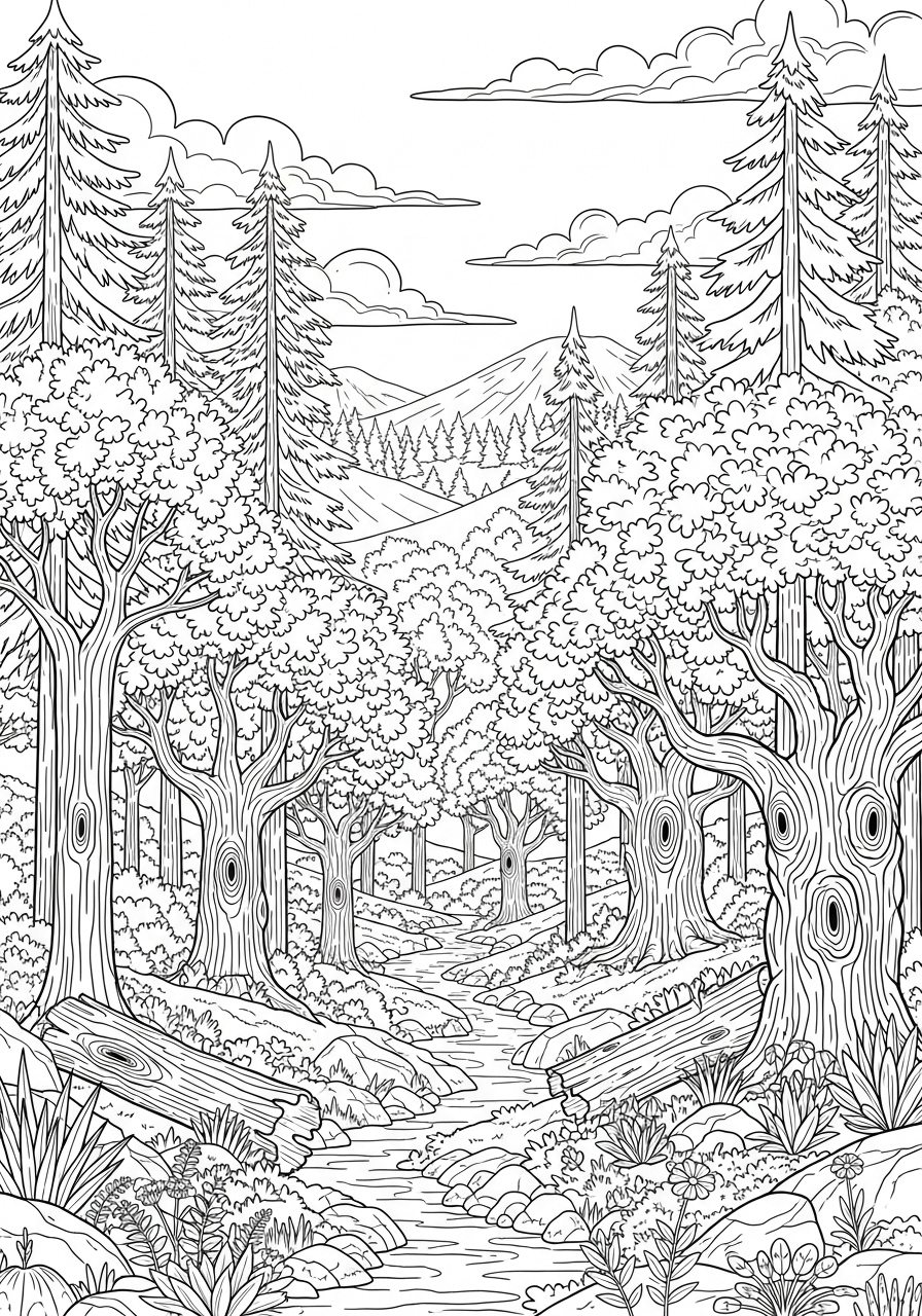 Desenho de Paisagem com floresta e riacho para colorir