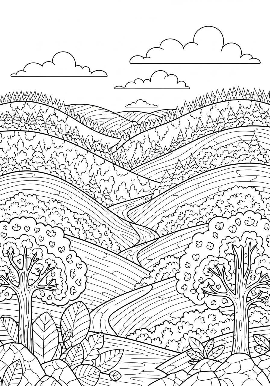 Desenho de Paisagem com colinas e árvores para colorir