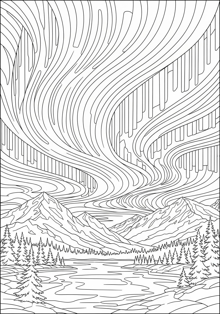 Desenho de Paisagem com montanhas e rio para colorir