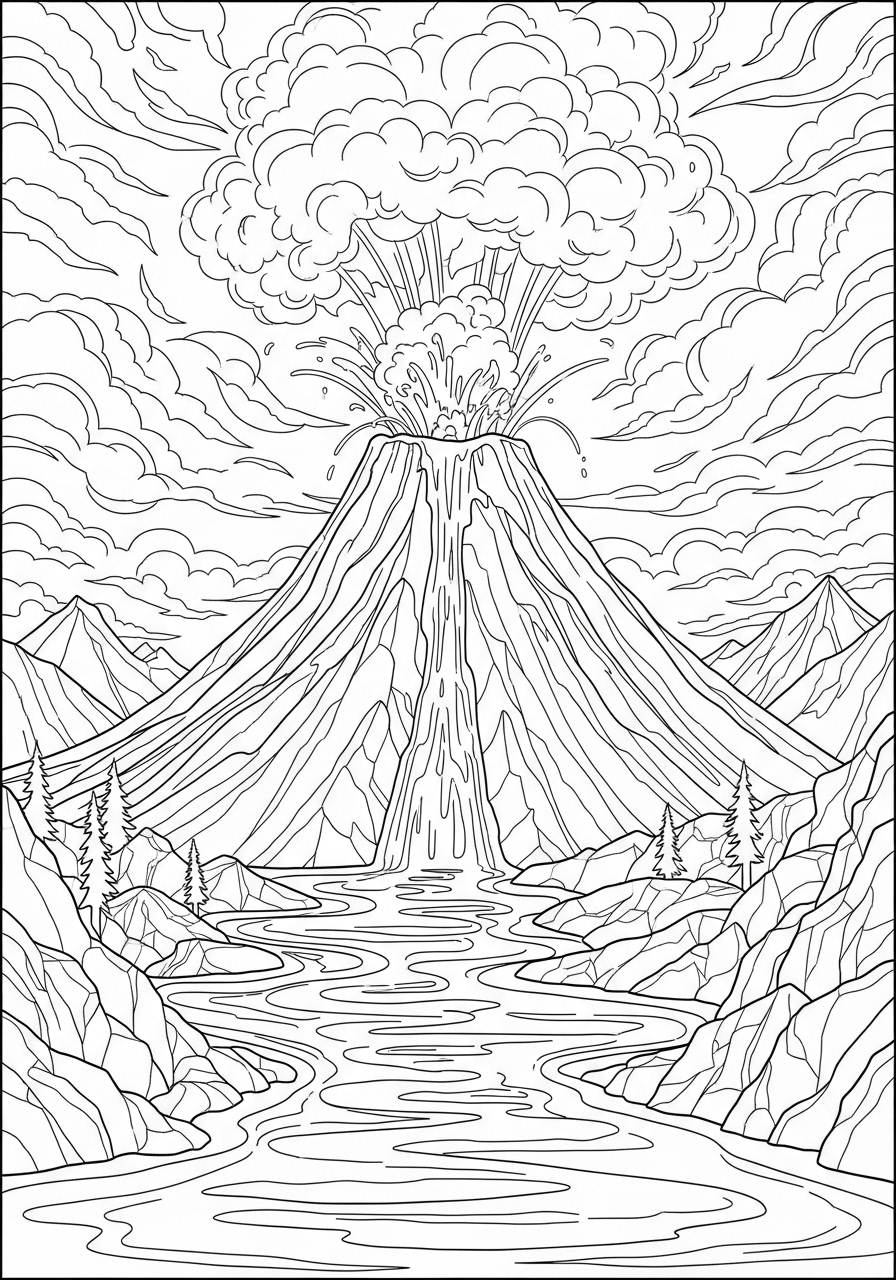 Desenho de paisagem com vulcão em erupção para colorir