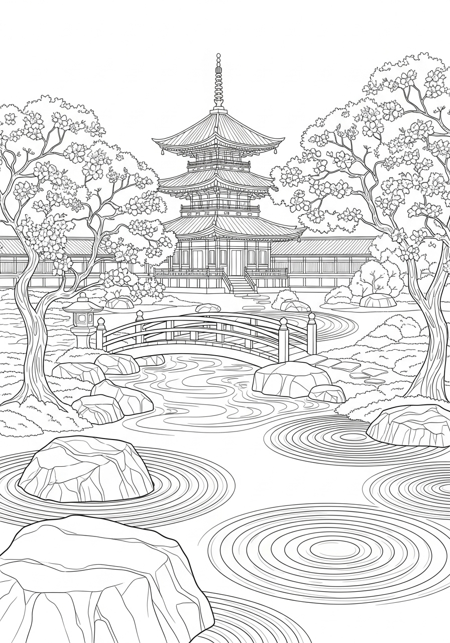 Desenho de Paisagem com templo e ponte para colorir