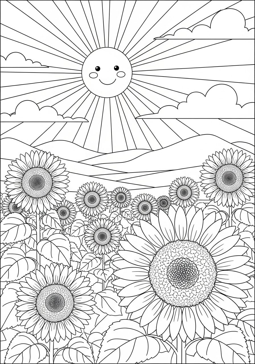 Desenho de Paisagem com girassóis e sol sorridente para colorir