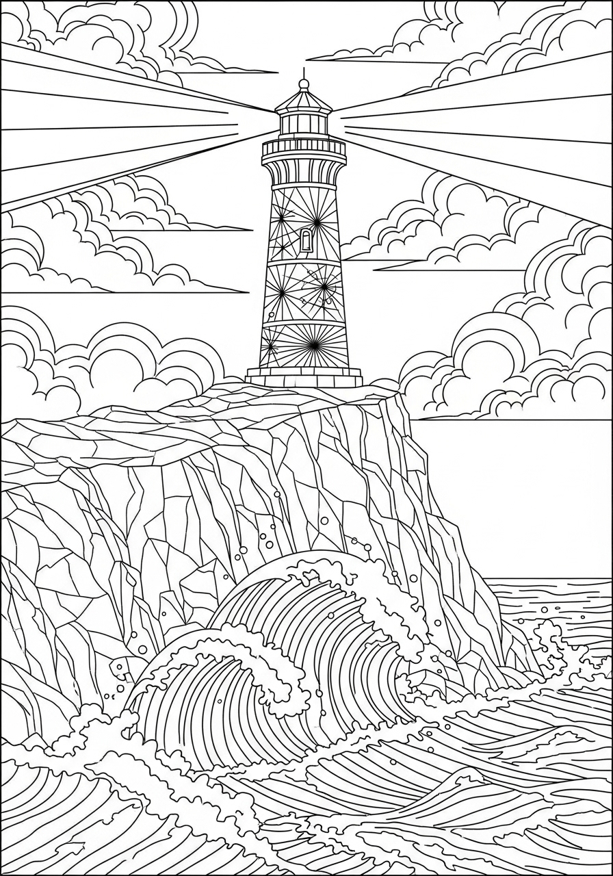 Desenho de Paisagem com farol em penhasco para colorir