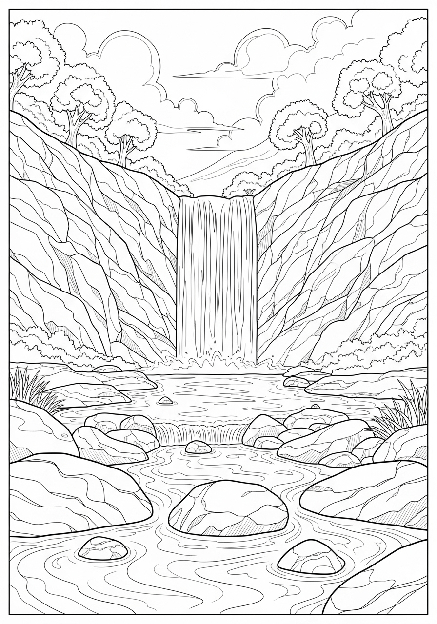 Desenho de Paisagem com cachoeira e árvores para colorir