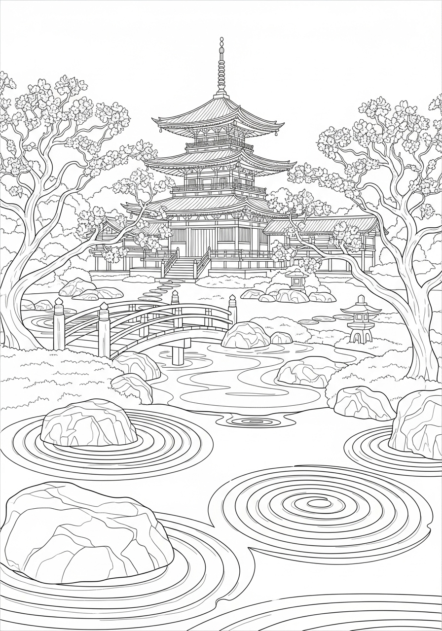 Desenho de Paisagem com templo e jardim japonês para colorir
