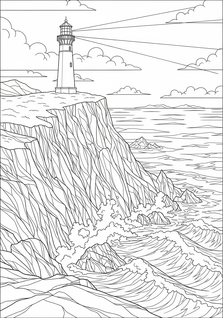 Desenho de Paisagem com farol e mar agitado para colorir