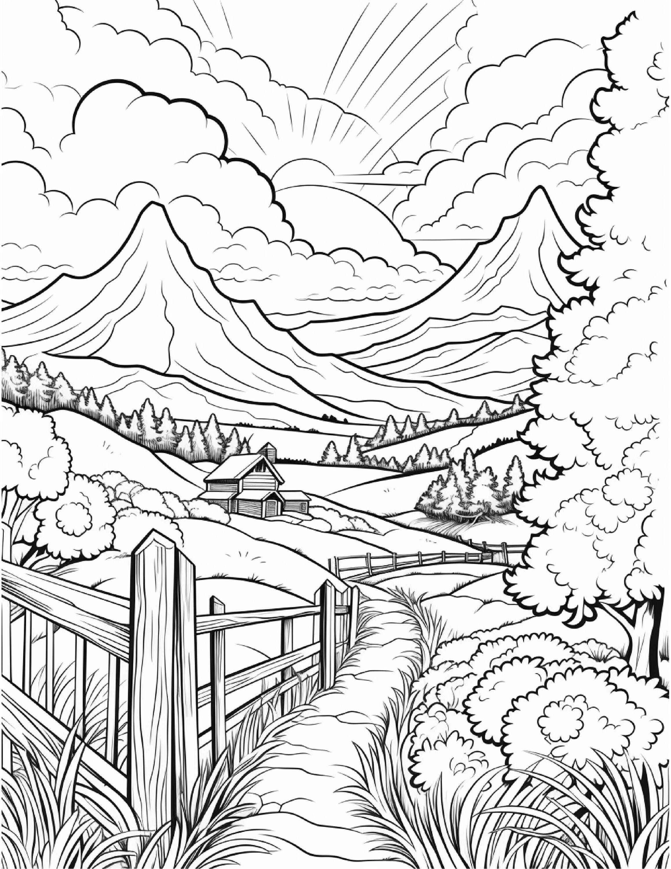 Desenho de Paisagem com montanhas e trilha para colorir