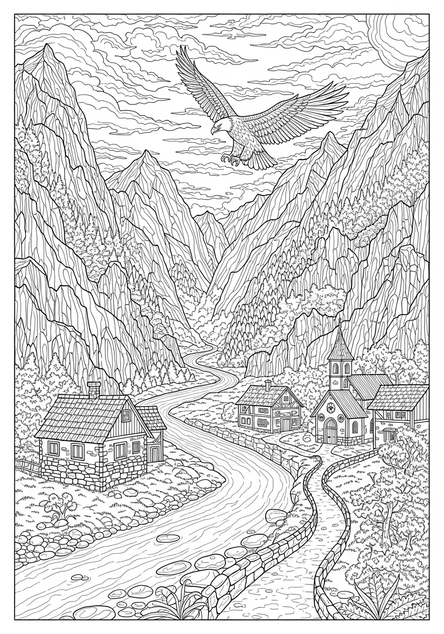 Desenho de Paisagem montanhas e rio para colorir